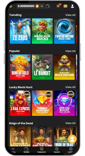 Game lobby with slot thumbnails and live dealer tables ready to play