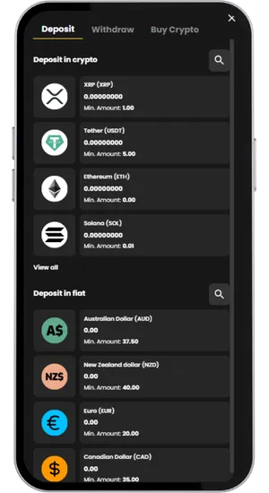 Cashier page with crypto options and £10 minimum deposit field